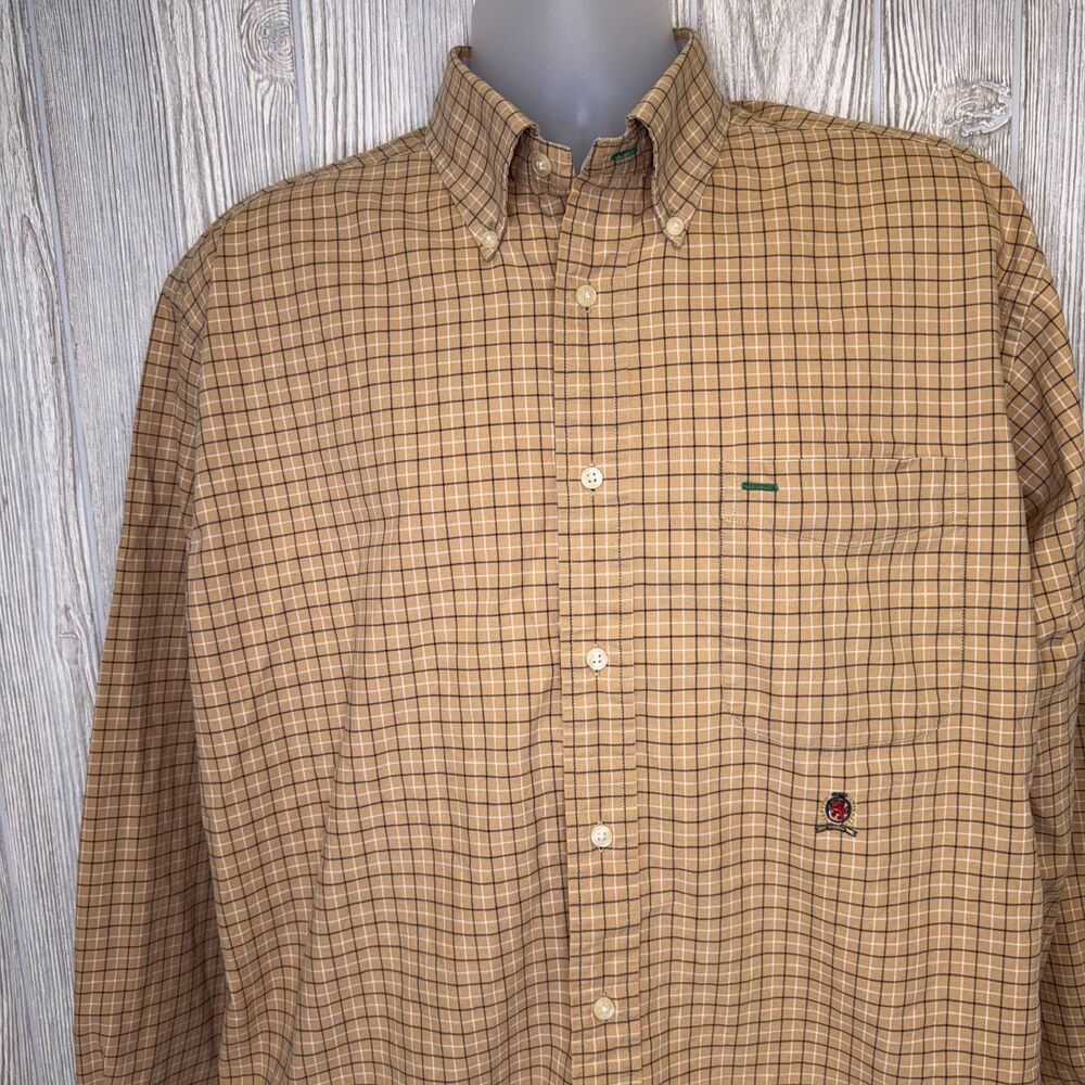 Tommy Hilfiger Button Up Shirt Tan Tattersall Pattern Men's Size Large *READ
